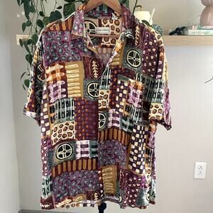 Mario Ferrari Vintage Rayon Shirt L Geometric Abstract Retro Bold Unique Artsy